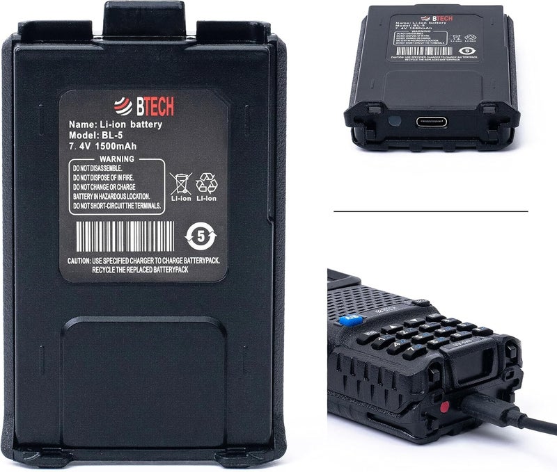 BTECH BL-5 1500mAh Li-ion USB-C Charging OEM Replacement Battery Pack for BaoFeng & UV-5R Series Radios, Compatible with BF-F8HP, UV-5X3, and UV-5R Variants - Image 1